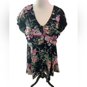 City Chic Black Floral V-Neck Tunic with Pink & Green Print